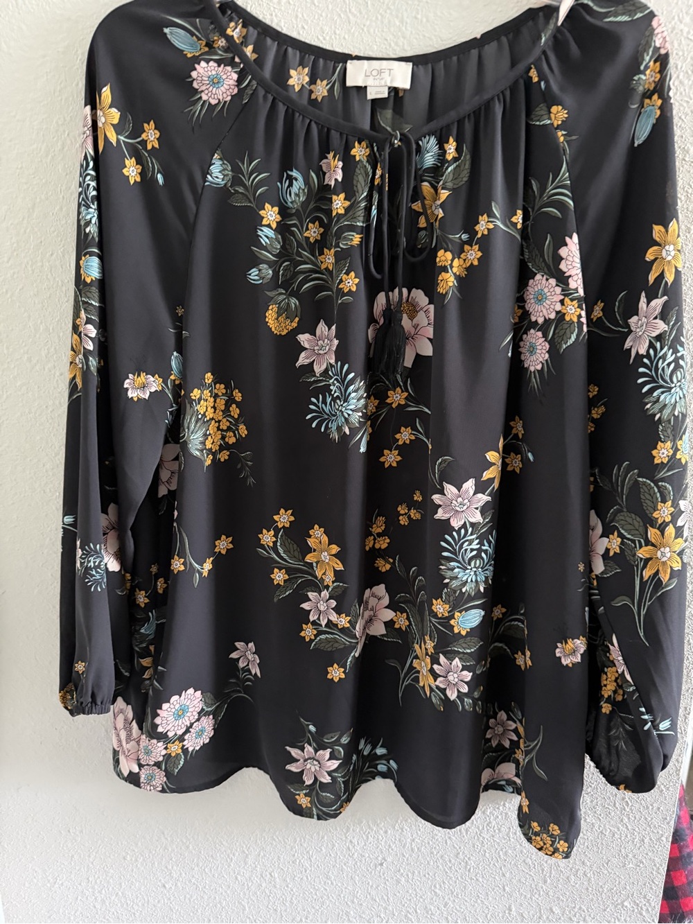 LOFT Black Floral Tie-Neck Blouse - Picture 2 of 9